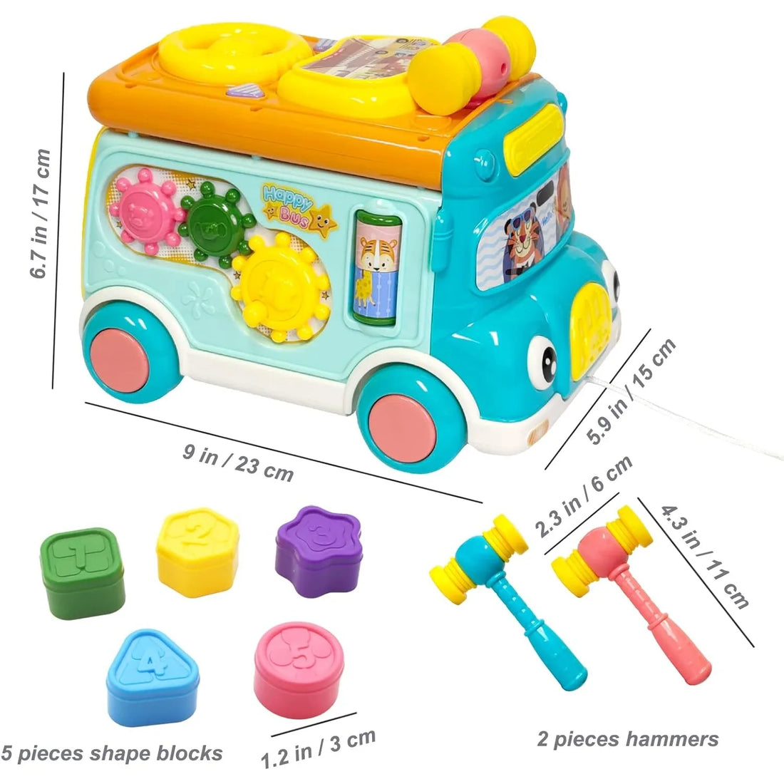 Music Activity Bus Baby Toy with Sound & Light  Shape Sorter Whack-a-Mole Toys Interactive Game Cartoon School Bus for Kids