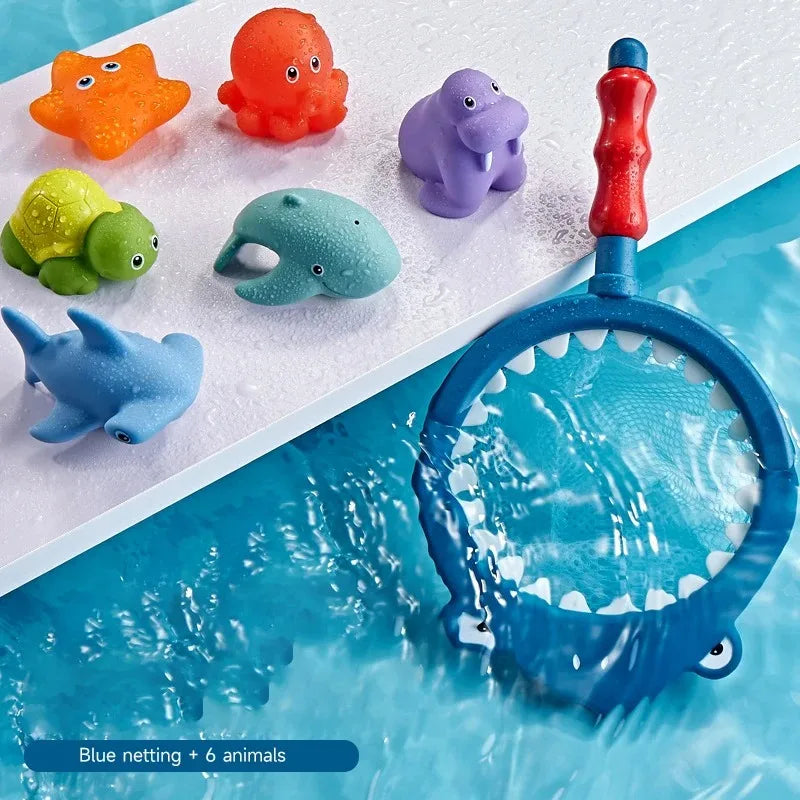 Baby Bath Toys, Turtle Spray Water Toy, Fish Net Catching Shark, Children Animal Squeeze Toys, Floating Water Play Set for Kids