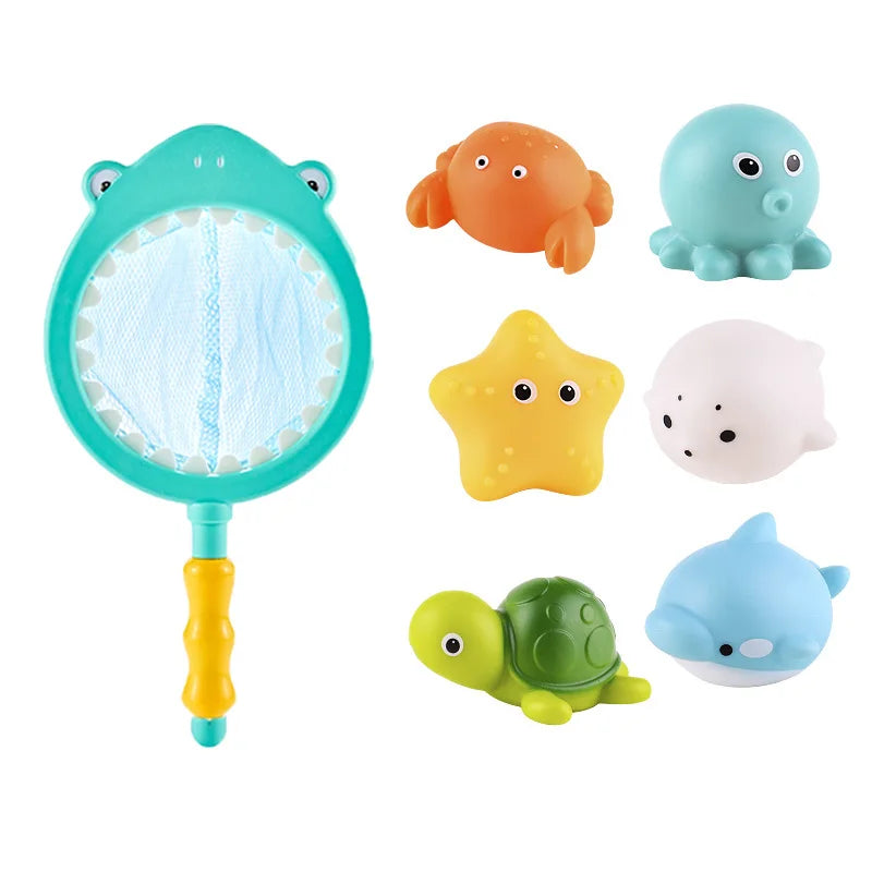 Baby Bath Toys, Turtle Spray Water Toy, Fish Net Catching Shark, Children Animal Squeeze Toys, Floating Water Play Set for Kids