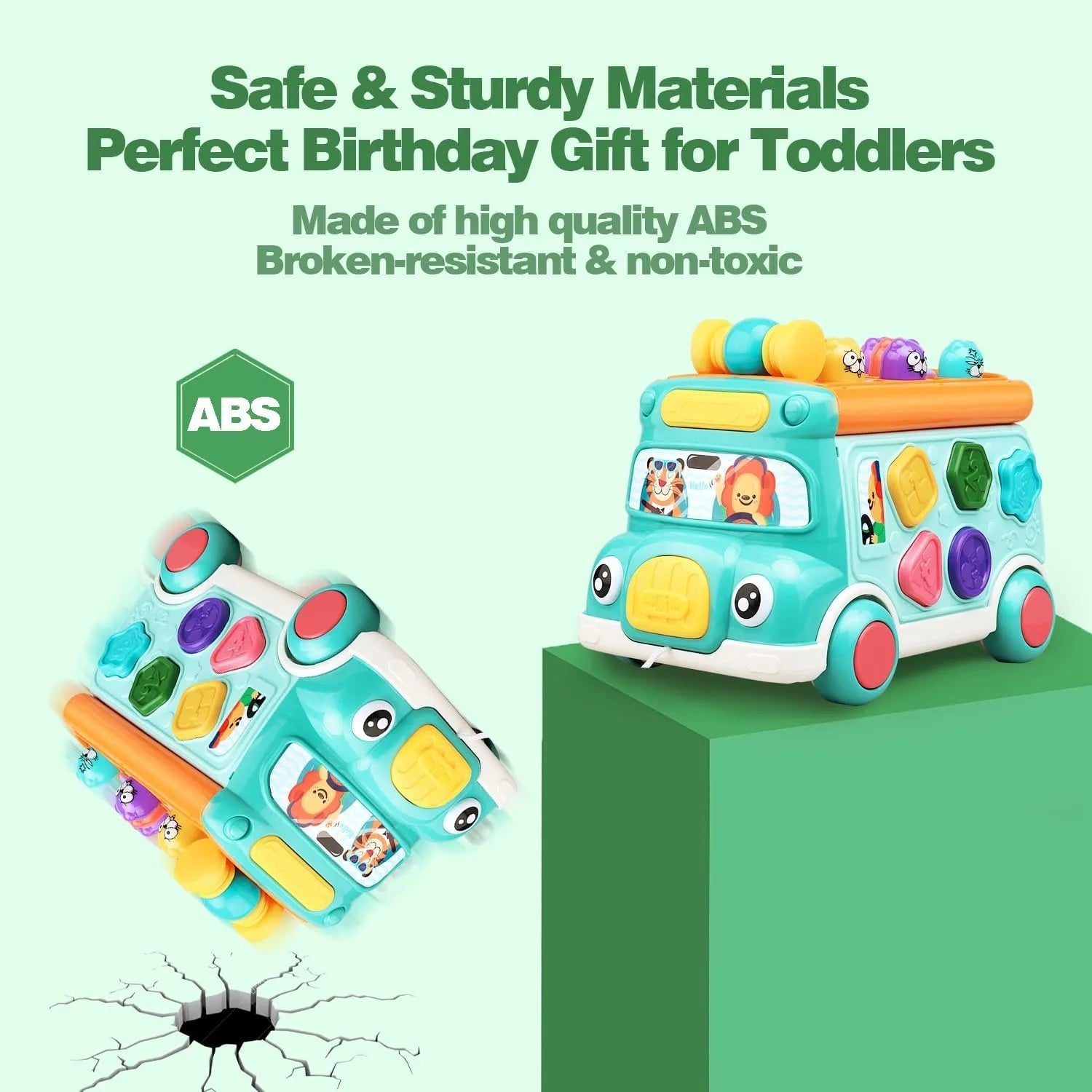 Music Activity Bus Baby Toy with Sound & Light  Shape Sorter Whack-a-Mole Toys Interactive Game Cartoon School Bus for Kids