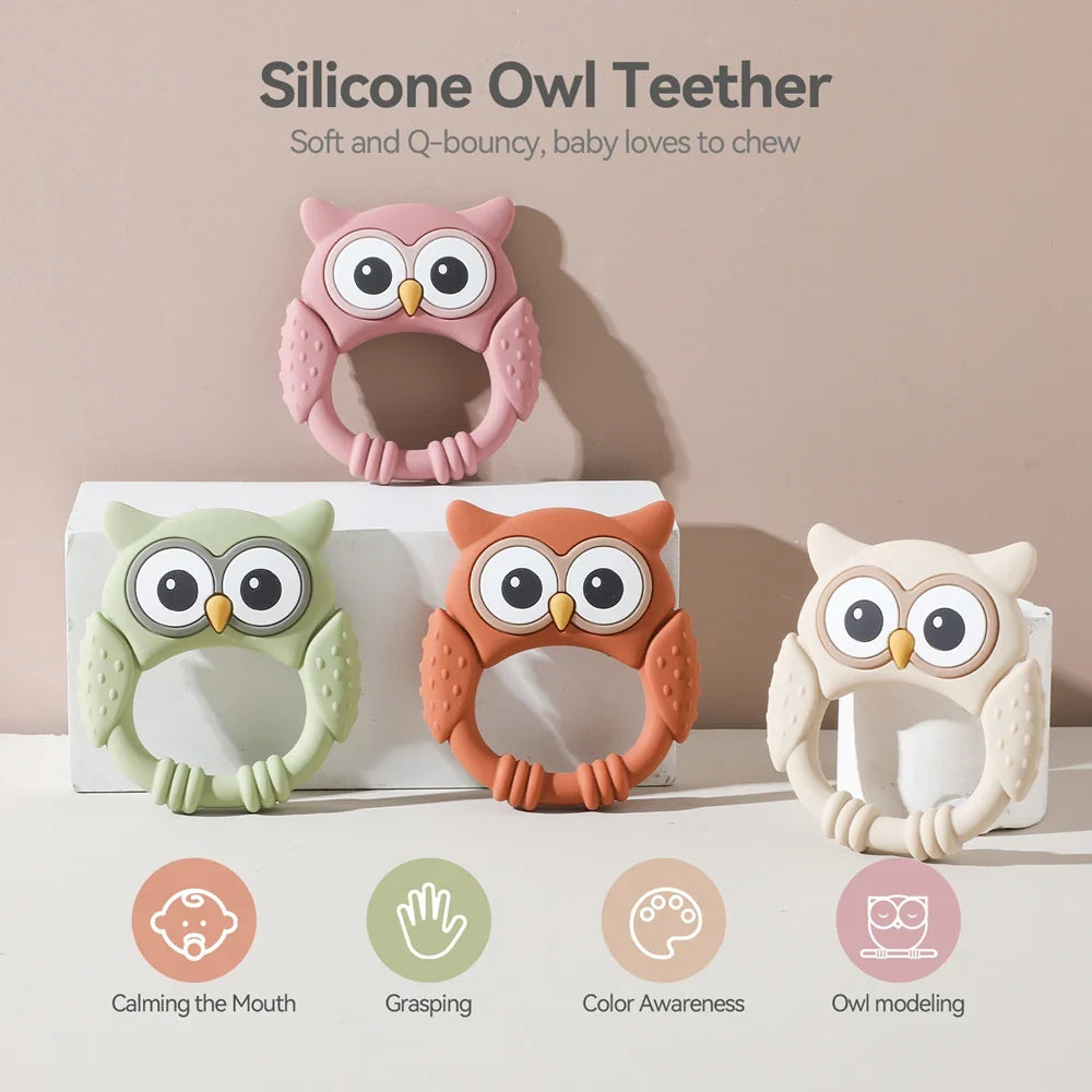 Silicone Teether,Food Grade Baby 0-12 Toys,Teething Rattle Sensory Toys for Toddlers,Cartoon Owl Silicone Soothing Teether Toys
