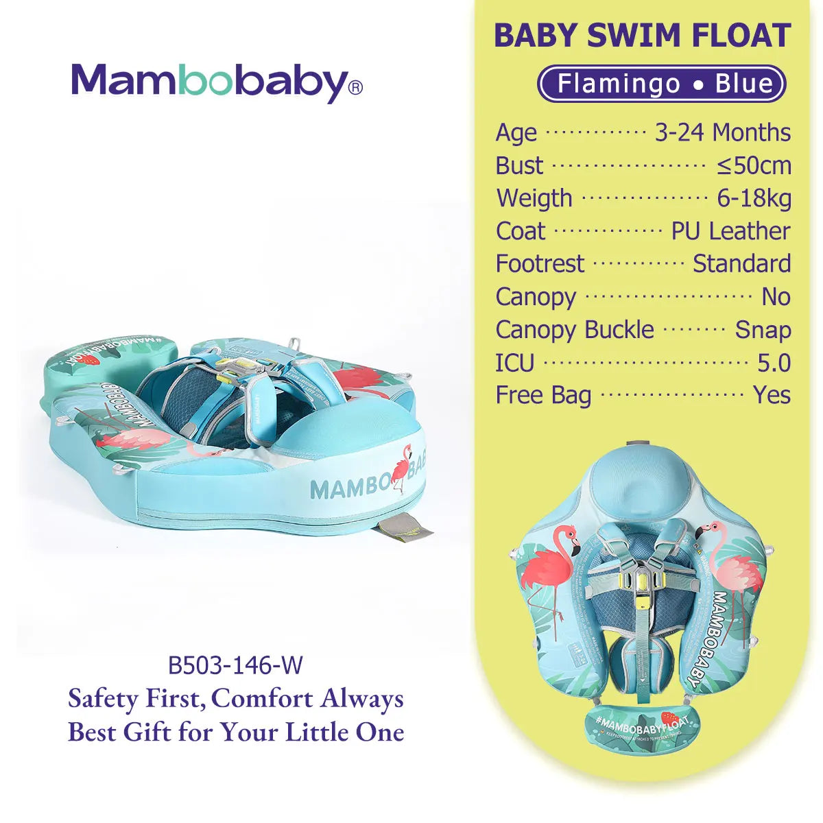 Mambobaby Gentle Skin-Safe Flamingo Air-Free Chest Float with Flat Canopy B503-143-W-Z Baby Swimming Ring Infant Water Circle