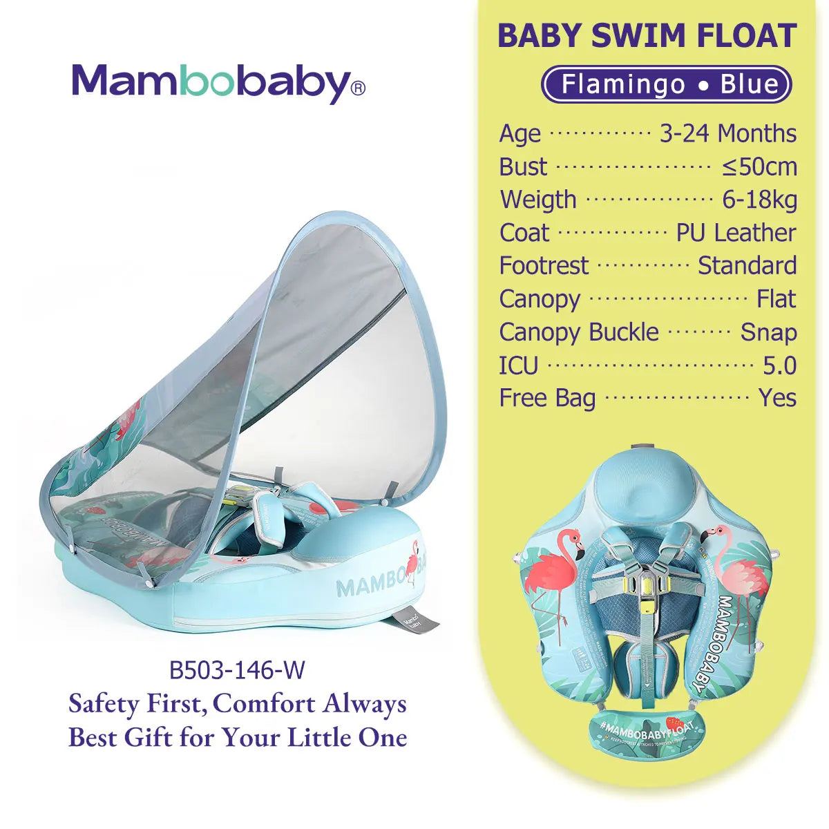 Mambobaby Gentle Skin-Safe Flamingo Air-Free Chest Float with Flat Canopy B503-143-W-Z Baby Swimming Ring Infant Water Circle