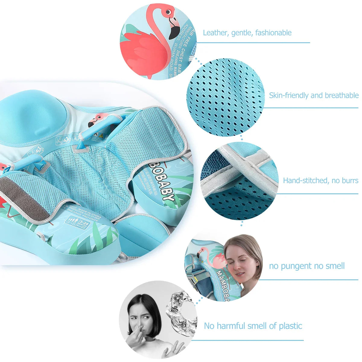 Mambobaby Gentle Skin-Safe Flamingo Air-Free Chest Float with Flat Canopy B503-143-W-Z Baby Swimming Ring Infant Water Circle