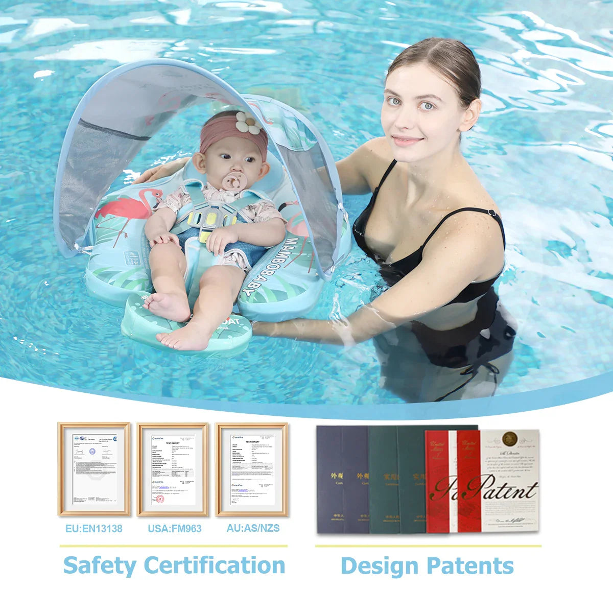 Mambobaby Gentle Skin-Safe Flamingo Air-Free Chest Float with Flat Canopy B503-143-W-Z Baby Swimming Ring Infant Water Circle
