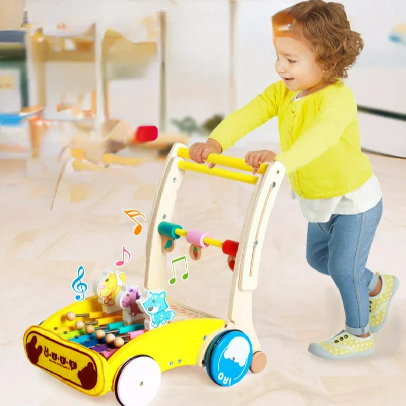Wooden Baby Walker with Wheel Baby Push Walker Learning Walking Toys Adjustable Height Walker Montessori Toys for Baby Age 1+