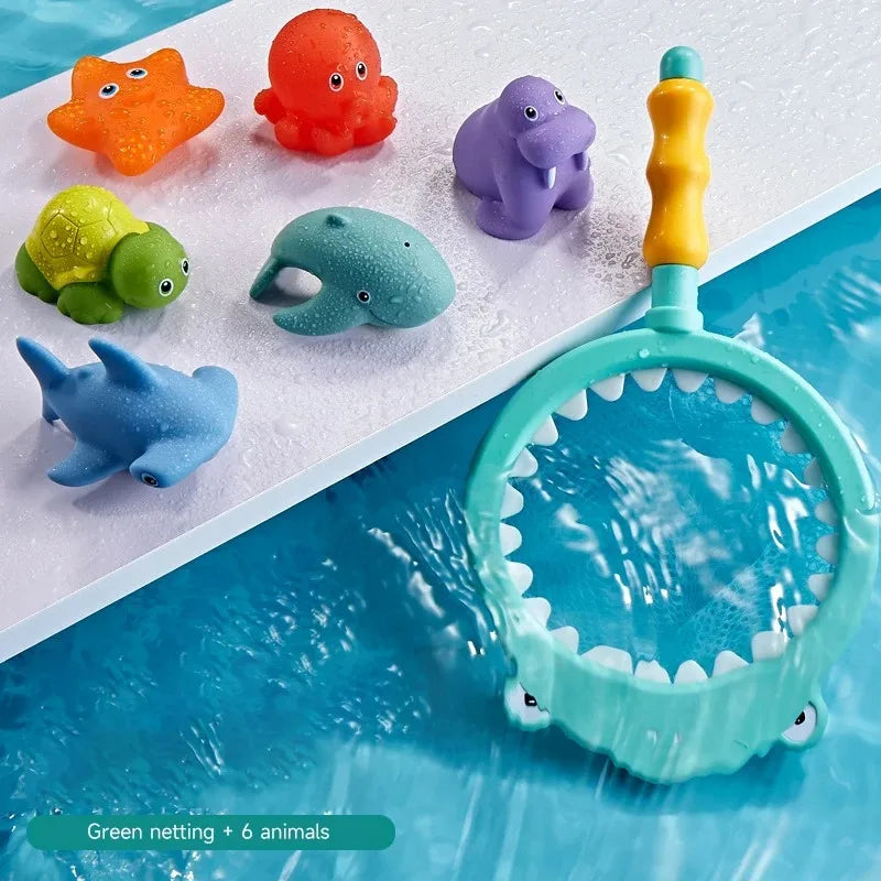 Baby Bath Toys, Turtle Spray Water Toy, Fish Net Catching Shark, Children Animal Squeeze Toys, Floating Water Play Set for Kids
