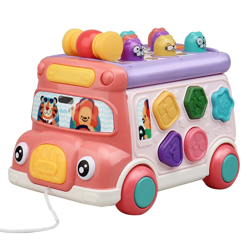 Music Activity Bus Baby Toy with Sound & Light  Shape Sorter Whack-a-Mole Toys Interactive Game Cartoon School Bus for Kids