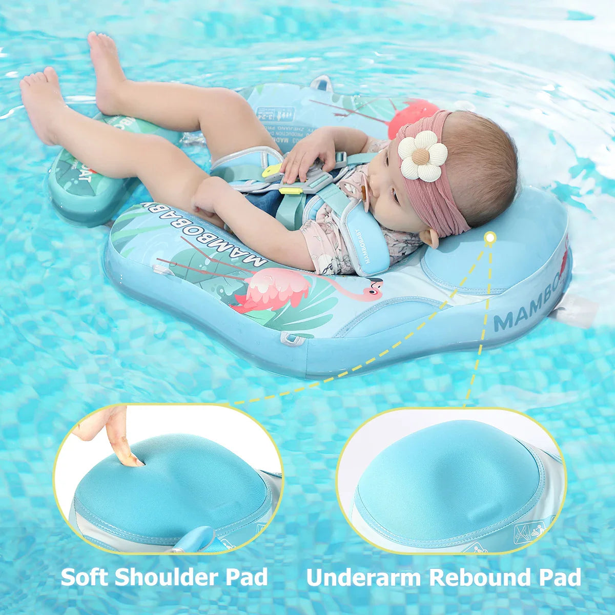 Mambobaby Gentle Skin-Safe Flamingo Air-Free Chest Float with Flat Canopy B503-143-W-Z Baby Swimming Ring Infant Water Circle