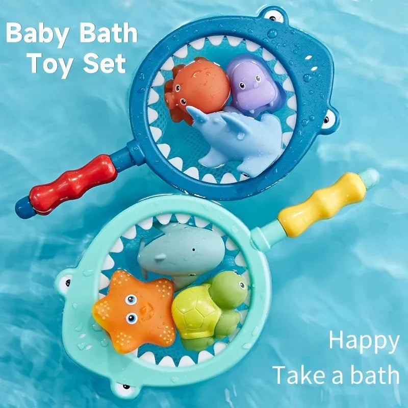Baby Bath Toys, Turtle Spray Water Toy, Fish Net Catching Shark, Children Animal Squeeze Toys, Floating Water Play Set for Kids