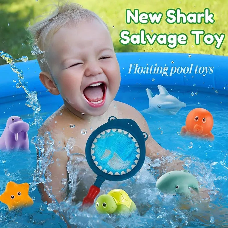 Baby Bath Toys, Turtle Spray Water Toy, Fish Net Catching Shark, Children Animal Squeeze Toys, Floating Water Play Set for Kids