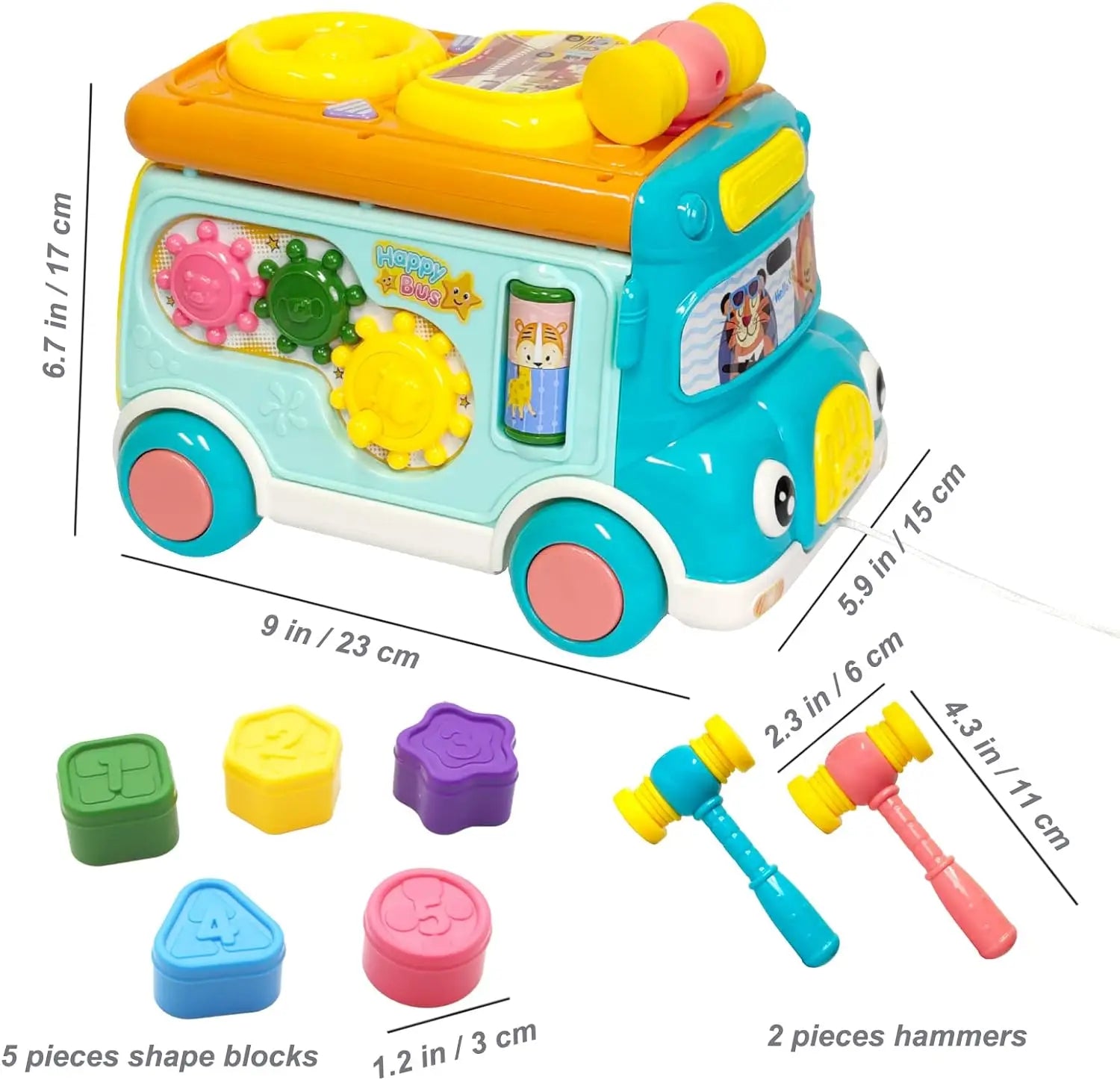Music Activity Bus Baby Toy with Sound & Light  Shape Sorter Whack-a-Mole Toys Interactive Game Cartoon School Bus for Kids
