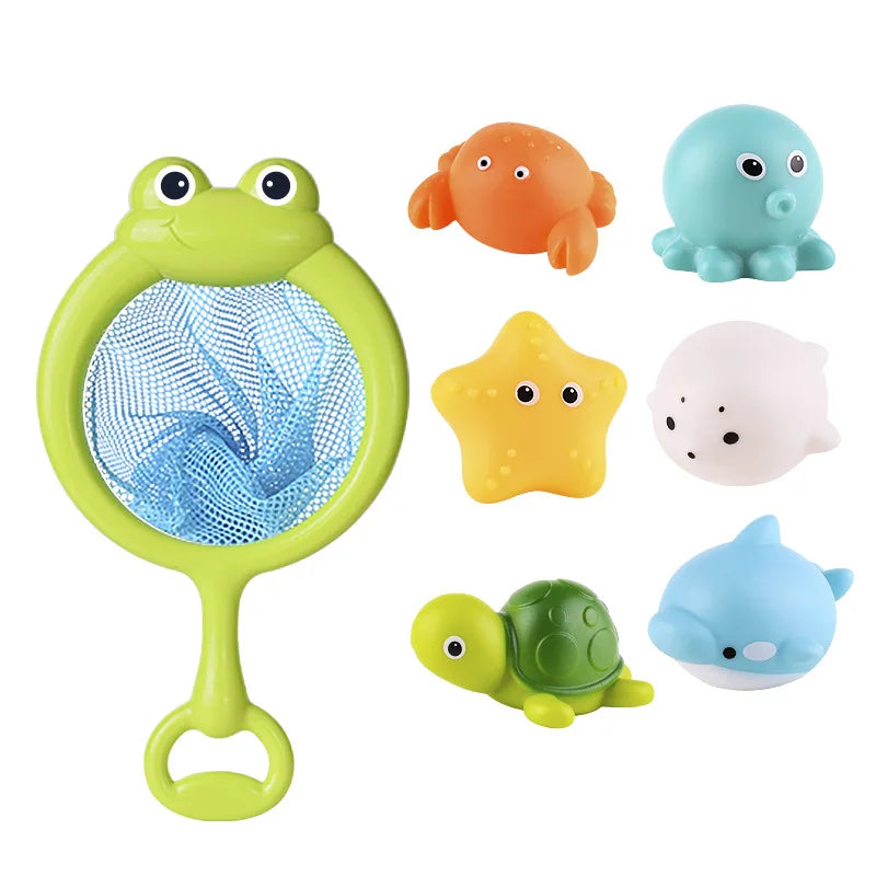 Baby Bath Toys, Turtle Spray Water Toy, Fish Net Catching Shark, Children Animal Squeeze Toys, Floating Water Play Set for Kids
